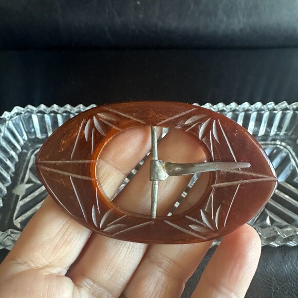 Art Deco Carved Chocolate Root Beer Bakelite Belt Buckle 1930s